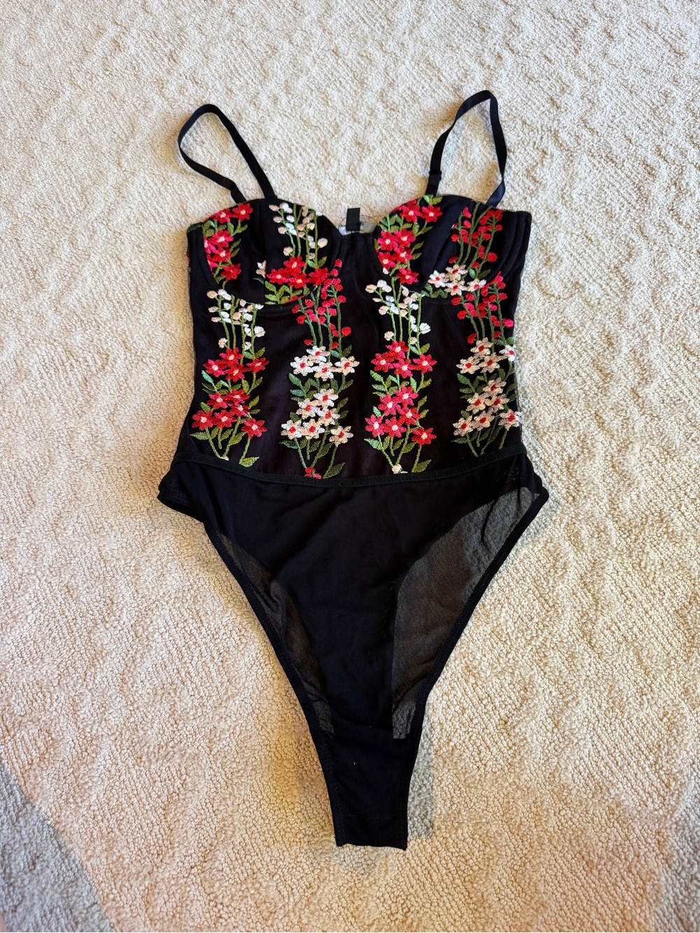 Lulu's Black Floral Embroidered Cami Bodysuit